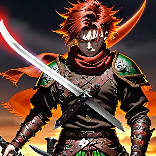 Prompt: digital art, sinister viking boy, 18-year-old, chaotic evil, red short messy hair, no facial hair, neon green bandana scarf, dark brown, dark brown long-sleeve shirt, pants, leather armor, two daggers, dozen throwing knives, red hair, greatsword strapped to back, heroic, god-like, tall, strong, last stand, legendary, final battle, warrior, army