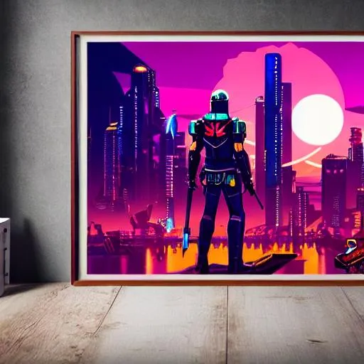 Prompt: Cyberpunk Red Maverick Hunter yielding a purple sword poster by studio ghibli in low poly, highly detailed, intricate, fantasy, sharp focus, elegant, Centered, Full shot, realistic