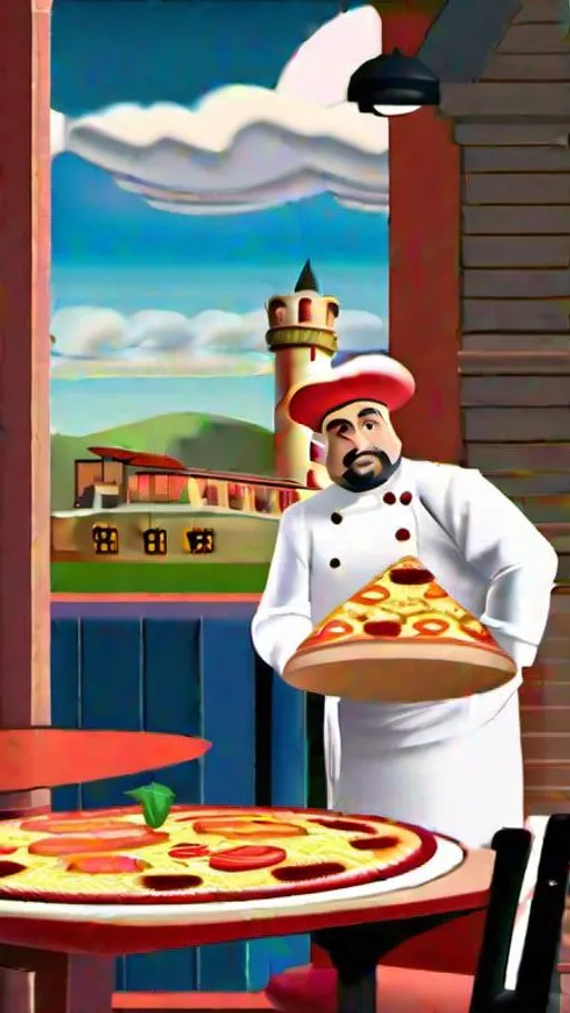 Prompt: an italian pizza restaurant chef named Peppino Spaghetti running at Mach 4 speed towards a tower.