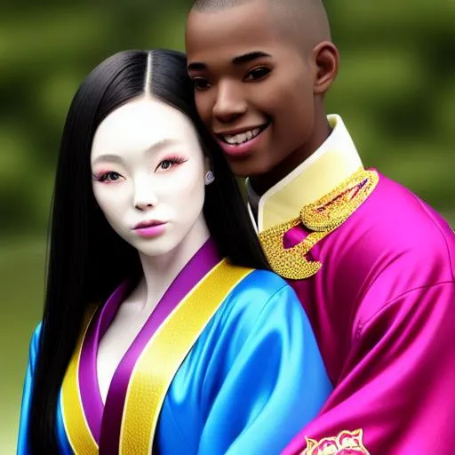 Prompt:  full body photograph of a couple hugging, one is musclar tall African American man wearing a prince's outfit with short hair is looking into the eyes of the female and one is a  20 year old Korean women with pale skin long straight hair and wearing a short kimono and looking into his eyes with a blue sky behind them, portrait, fantasy, medieval, vivid colors, elegant, concept art, sharp focus, beautiful face, digital art, Hyper-realistic, 4K, Unreal Engine, Highly Detailed, HD, Dramatic Lighting by Brom, trending on Artstation