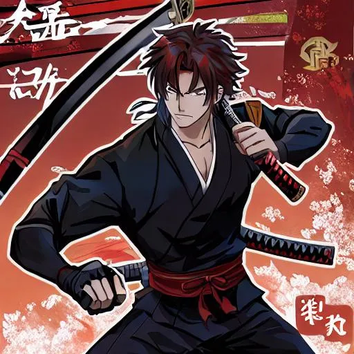 Prompt: A anime ninja with a bloody katana in a Japanese dojang