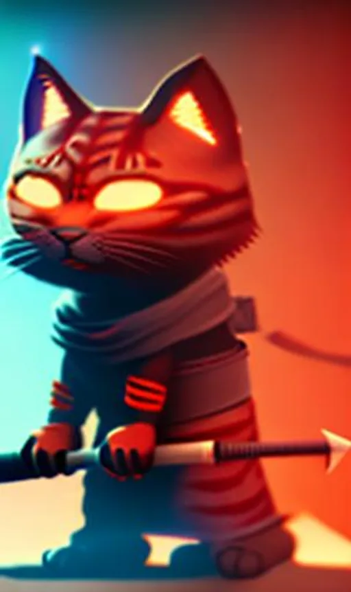 Prompt: Orange ninja cat with sword in hand + typing on keyboard + red glow eyes+ photorealistic, unreal engine 5, RTX