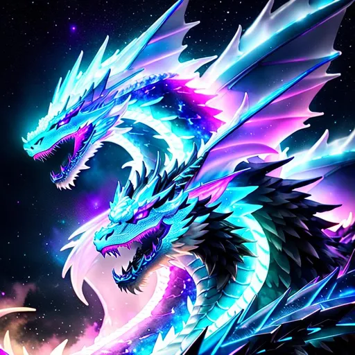 Prompt: Watercolor portrait of a roaring neon ice dragon with iridescent black markings roaring with and galaxy in background, perfect composition, hyper realistic, super detailed, 8k, high quality, trending art, trending on art station, sharp focus, studio photo, intricate details, highly detailed, by greg rutkowski, illustration, watercolor
