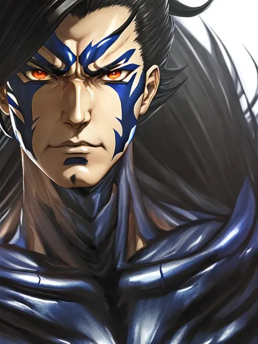 Prompt: face portrait of a {attractive and strong man}, smooth skin, realistic normal hair, symmetrical, fierce anime eyes, dramatic lighting, detailed face, by Kazuma Kaneko, Masayuki Doi, Kaneko Kazuma, shin megami tensei, SMT, Shin Megami Tensei Nocturne,  concept art, digital painting, looking into the camera, scruffy, medium long hair, wearing leather biker jacket, white shirt under jacket, anatomically correct