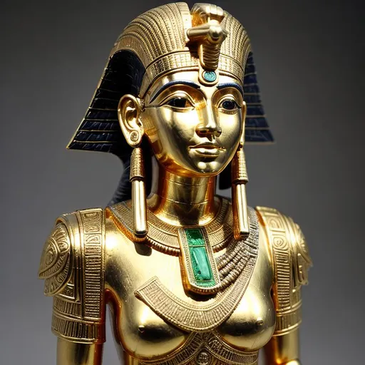 Prompt: Create an ultra-detailed, 3D-effect digital art composition set in ancient Egypt featuring anatomically and physiognomically flawless versions of the God Horus and the Goddess Hathor, high quality image, ultra HD resolution 64 K. Horus appears as a falcon-headed deity with perfect, symmetrical features, adorned in intricate gold and emerald armor that seems to have depth and texture. He holds an ankh and a was-scepter, both of which should appear three-dimensional. His eyes glow with divine wisdom and realism. Beside him, Hathor is portrayed as a cow-headed goddess with equally perfect and symmetrical features. She is draped in flowing silk garments embroidered with celestial patterns that ripple and shimmer, creating a 3D effect. In her hands, she holds a sistrum and a menat necklace, both intricately detailed and with apparent depth. They are both surrounded by a luminescent halo of golden hieroglyphs that look etched in the air, telling stories of their divine powers and adventures. The backdrop features a grand temple illuminated by the warm light of hundreds of oil lamps, with elaborate architectural details like stone carvings, intricate patterns, and ornate pillars that have a three-dimensional feel. Above them, a radiant sun disk merges seamlessly with a silver crescent moon in the sky, the union creating an effect of harmonious 3D depth.