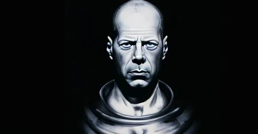 Prompt: bruce willis, feyd rautha, dune, pale, white, bald, facial scars