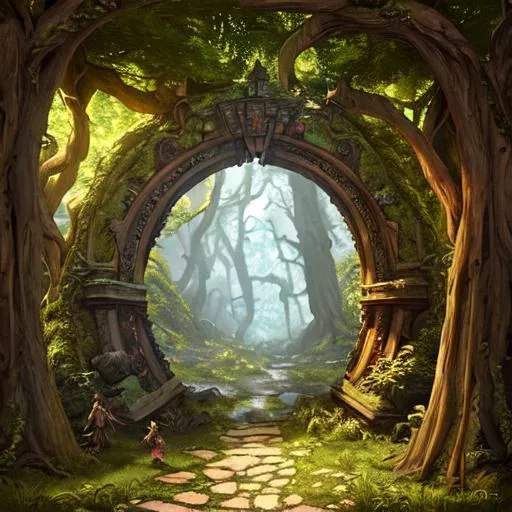 Prompt: strange archway, portal in the forest, fantasy art, dungeons and dragons 5th edition style art, 4k, high detail, beautiful intricate exquisite imaginative exciting, full pose with relaxed pose, vray render, artstation, deviantart, pinterest, 5 0 0 px models