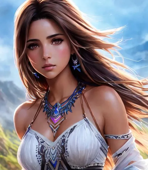 Prompt: a final fantasy watercolor concept art with Naomi Scott, brown hair, jumping in tribal cueitl, parted bangs, brown eyes, ethereal, jewelry set balayage wild hair, royal vibe, highly detailed, digital painting, Trending on artstation , HD quality, tan skin, Big Eyes,artgerm,by yoshitaka amano