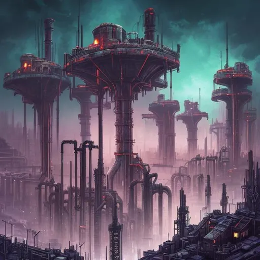 Prompt:  fantasy art style, painting, brutalist architecture, brutalism, brutalist building, pipes, industrialisation, industry, power plants, nuclear fusion, concrete, metropolis, giant, crowded, dense city, overpopulated, crowds, neon lights, green neon lights, purple neon lights, pollution, gas emissions, smog, fog