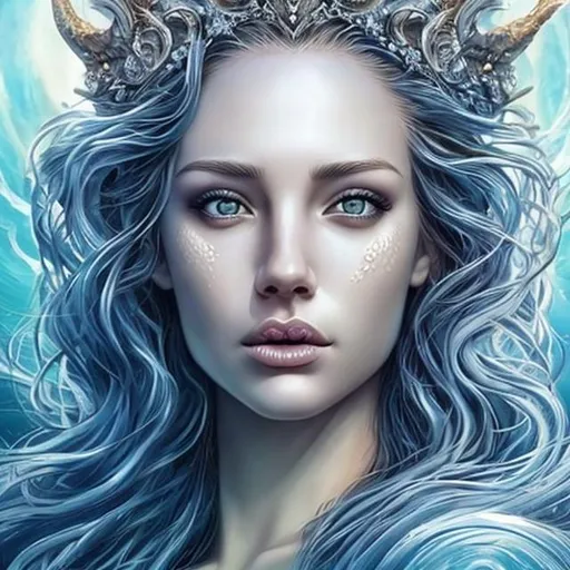 Prompt: Mermaid goddess blue beautiful hyper realistic face features hyper detailed forehead crown 