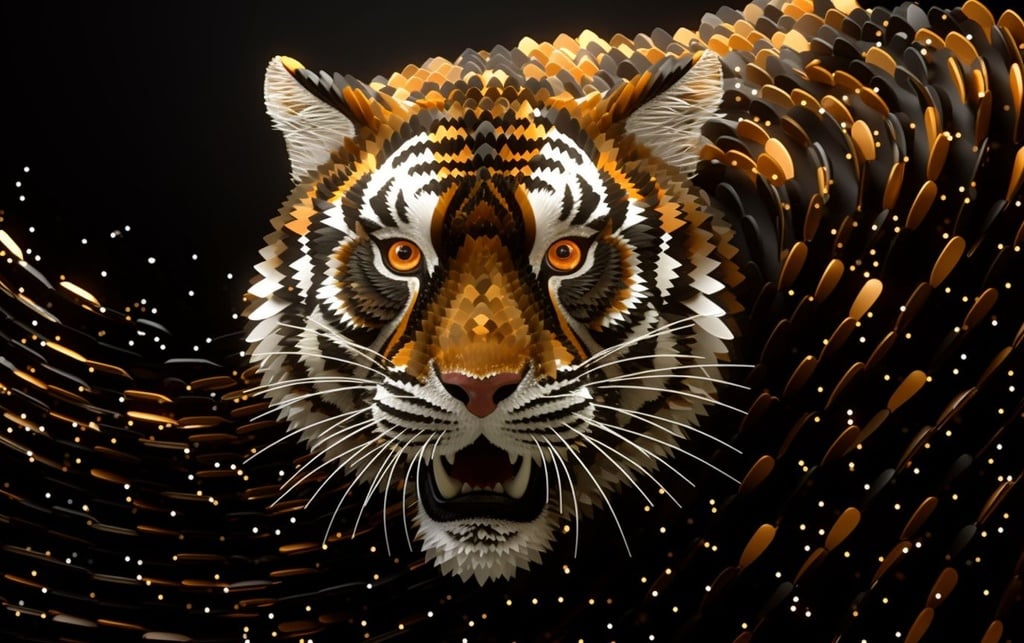 Prompt: vector 3d tiger roar made of different sized glittering pearls looking at me, extreme field of depth