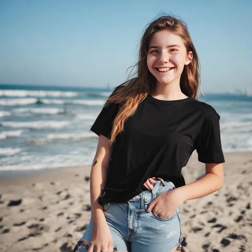 Prompt: a young woman, realistic, happy, full body, look on camera ,wearing black t-shirt, on summer vacation ,beach background 