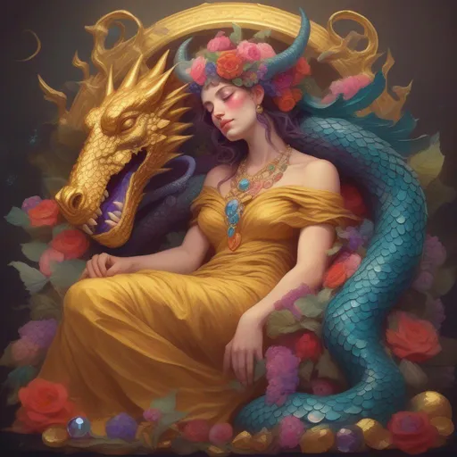 Prompt: A colourful and beautiful Persephone with dragon horns and scales, sleeping on a pile of gold and jewels in a painted style