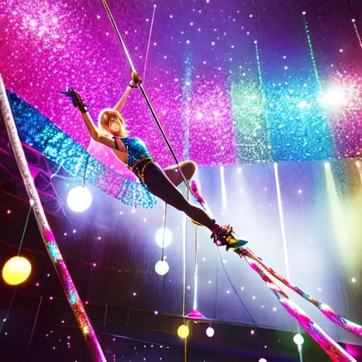 Prompt: A female tight rope walker balancing on a rope 100 feet above the ground, holding a long pole in her hands, sequin clothes, spotlights, Photorealistic, dramatic 