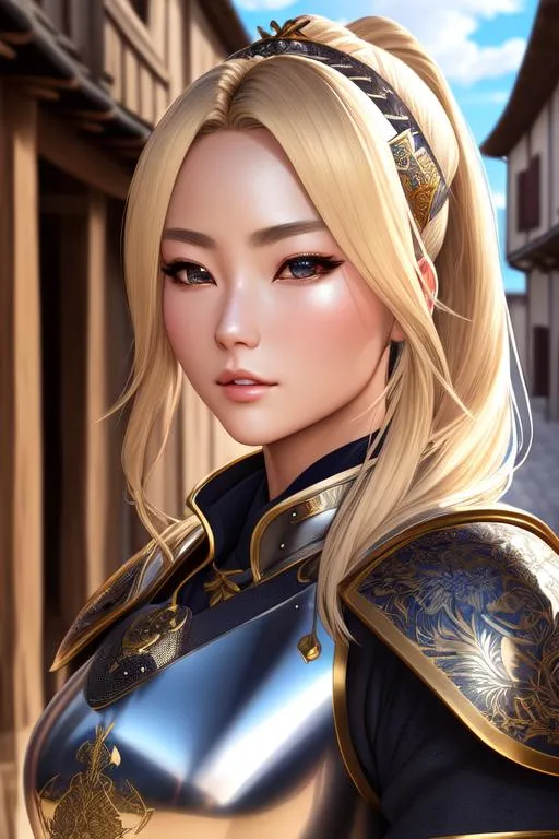 Prompt: mdjrny-v4 A beautiful blonde samurai girl walks through a medieval European village, her armor glinting in the sunlight as she surveys the area for any threats, goddess, hyper detailed, gorgeous detailed face, beautiful detailed eyes, 8k, symmetric, complimentary colors, insanely detailed, ultra sharp focus, elegance, majestic, masterpiece, complex, elegant, expansive, fantastical, Essence, golden ratio, high quality model, cinematic lighting, beautiful landscape, volumetric lighting, concept art, unreal engine 5, perfection, rich deep colors, Rim Lighting, Soft Lighting colorful splash screen painting