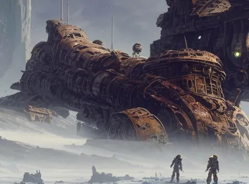 Prompt: wreck broken ancient huge old rusty spaceship astronauts discovering it skeletons laying all-over robots fixing ship graveyard ice planet backdrop 