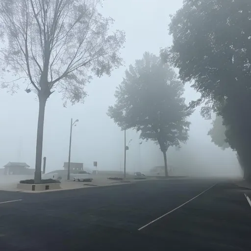 Prompt: Empty parking lot at day with fog