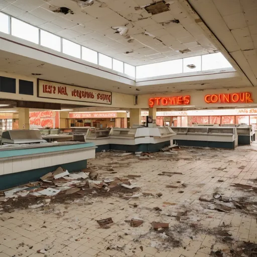 Prompt: The interior of an abandoned 1980s shopping mall food court, complete with different storefront signs and posters still readable, random debris, liminal aesthetic