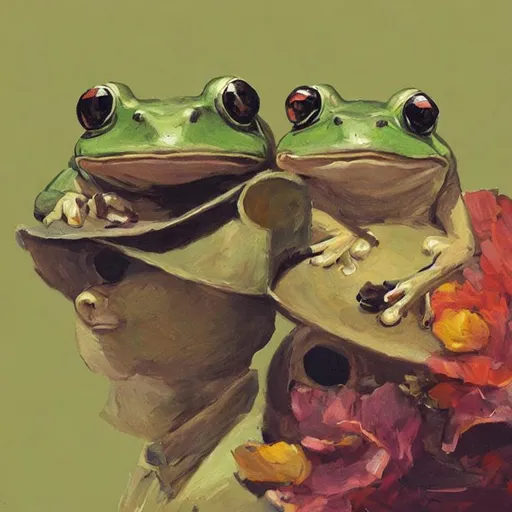 Prompt: Frogs with old hats
