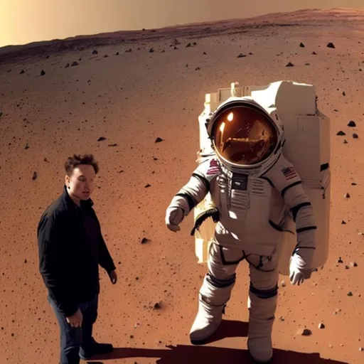 Prompt: human history and the future. Shows Elon Musk on Mars in  selfie not art'  real life photo fan 