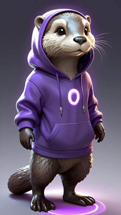 Prompt: Anthropomorphic otter with grey fur, standing character, glowing purple glyphs, hoodie, soft features, calm content emotion, full character, Digi grade legs, tail.