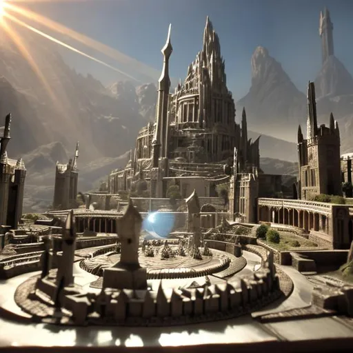 Prompt: Lord of the rings Minas Tirith battle with the sun reflecting from on eof the swords, hyper detailed, dynamic light ultra contrast
