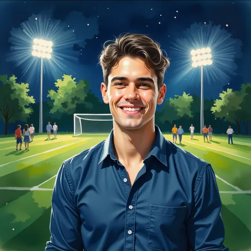 Prompt: Under the glow of bright stadium lights, a young man stands confidently, exuding a warm smile that reveals a sense of joy and camaraderie. Dressed in a dark blue button-up shirt that contrasts with the vibrant green of the grassy field behind him, he appears relaxed yet engaged, demonstrating a lively spirit in a social gathering. His neatly styled dark hair complements his well-groomed appearance, while the nighttime backdrop adds a layer of intimacy to the scene, hinting at moments of leisure shared with friends. The overall ambiance suggests a celebration or friendly gathering, capturing the essence of youth and connection under the night sky.