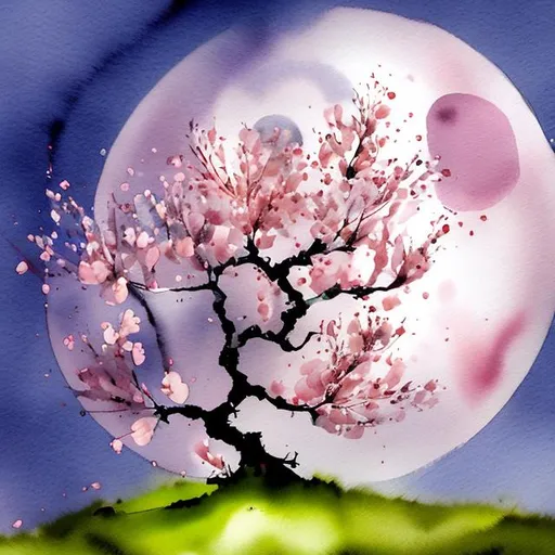 Prompt: A cherry tree on a hilltop with its petals fluttering on a full moon evening in watercolor