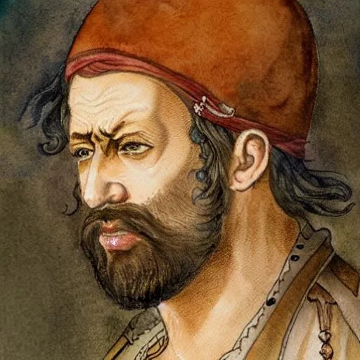 Prompt: A watercolor portrait of a 16th century Muslim pirate with a realistic wrinkled face and dark flowing hair, frowning expression, black neck tattoo, high quality, shaded background, muted colors, in the style of Ottoman Empire art 