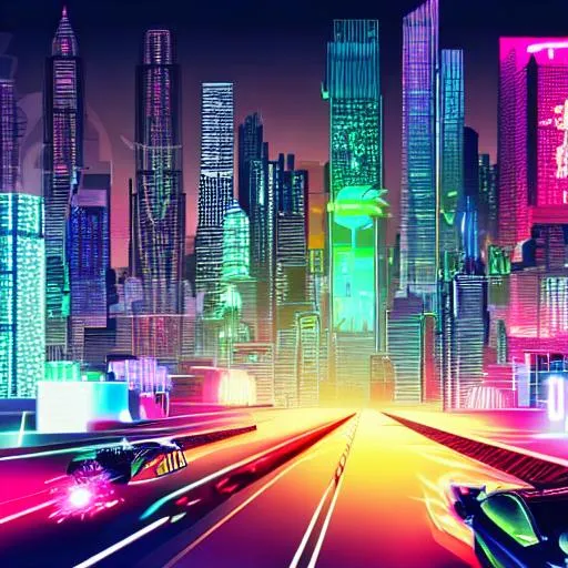 Prompt: neon city skyline with flying cars, cyberpunk