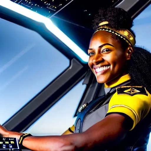 Prompt: (Hyperrealistic highly detailed sharp photography of ebonian woman pilot in spaceship cockpit) Young, beautiful, strong-willed, determined eyes, confident, happy, excited, modern grey uniform, tribal golden headband, helmet with visor, signing "ok", smiling.
Runic cockpit. Black and gold bird-shaped spaceship. 