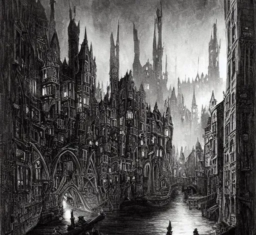 Prompt: Painting of Night scene in a dark, Fantasy, multi-level city with 10 story buildings made of wood and stone, with many narrow canals, many crude wooden bridges span the canals, connecting the building, lord of the rings, merovingian nights, woodpunk, industrialpunk,in the style of the brothers hildebrandt,in the style of frank frazetta, detailed,hdk 8k