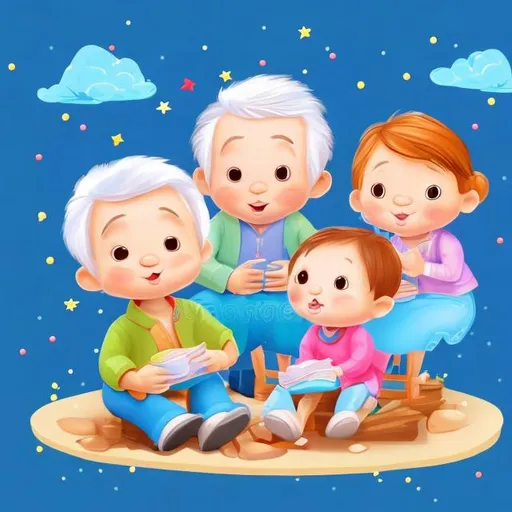 Prompt: cute 3-4 yr babies listening stories from there grandparents
Cartoonist illustration with blue magical background
