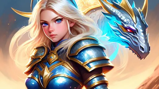 Prompt: blond woman warrior with a shiny helmet on head, standing  with her powerful Dragon, smooth soft skin, big sharp blue eyes,  standing character, symmetrical, anime style, wide eyes, soft lighting, detailed face, concept art, digital painting, looking into camera, fantasy art, ring light, outdoor, pastel, side, forest, movie poster, wide angle,   metal armors on body