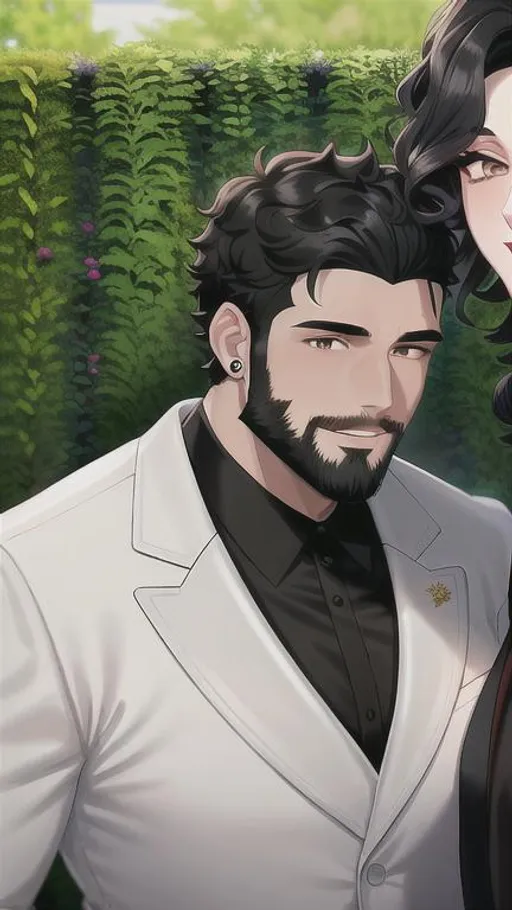 Prompt: Garden background, burly young man, short curly black hair, light beard, black round eyes, black tuxedo, one ear piercing on each ear, with a women, curly black hair, white dress