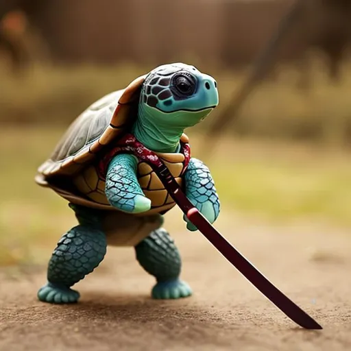 Prompt: Turtle holding a stick in the shape of a sword and is running 
