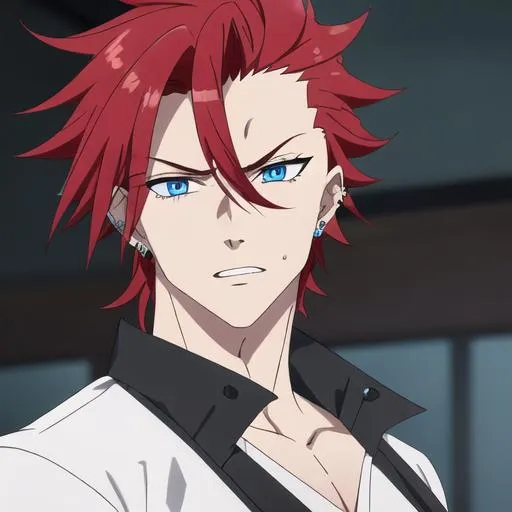 Prompt: Zerif 1male (Red side-swept hair falling between the eyes, sharp and sassy blue eyes), casual outfit,  Black piercings, highly detailed face, 8K, Insane detail, best quality, UHD, handsome, flirty, muscular, Highly detailed, insane detail, high quality. 