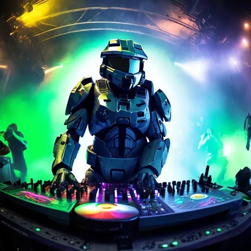 Prompt: Master chief at a dj table performing at a rave, epic image, thug life, gang shit, wide angle 