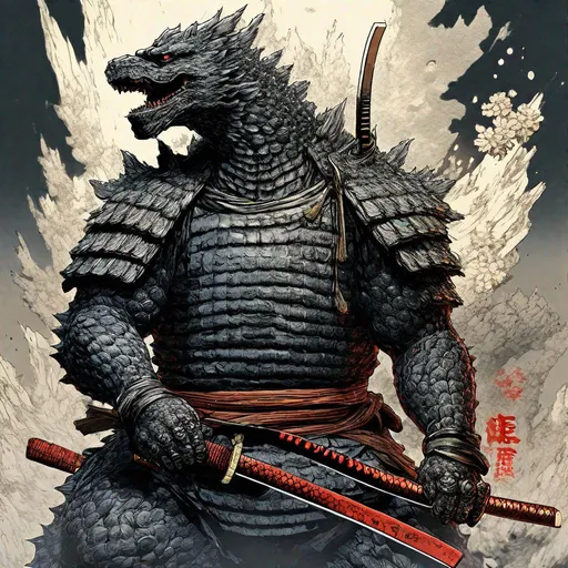 Prompt: "Godzilla dressed as a samurai By Yoshitaka Amano :: Full body portrait :: 8k resolution Splash art portrait :: Volumetric lighting :: Incredible Depth :: High Contrast :: Ukiyo-e ::"