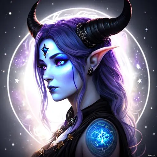 Prompt: A beautiful D&D Circle of Stars Druid, character portrait, dark fantasy, detailed, realistic face, digital portrait, fiverr dnd character. 

Of a beautiful Tiefling woman of 27 years old, with blue skin, horns, tattoos of stars on her face and hands, one eye of black with an iris of a white cross. 

She is wearing a witch's robe and Hat with the underside of the Hat having a star constellation on it. Leather armor and Amethyst Cloak A dazzling purple and black sewed cloak studded with amethyst gems.