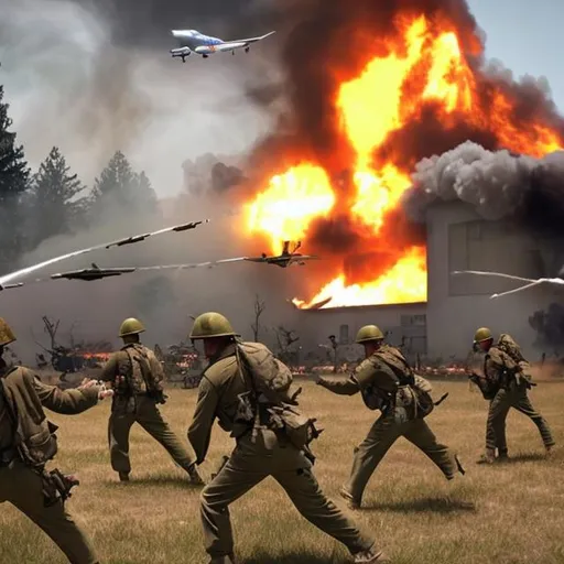 Prompt: an airplane burning while soldiers shoot the zombies-