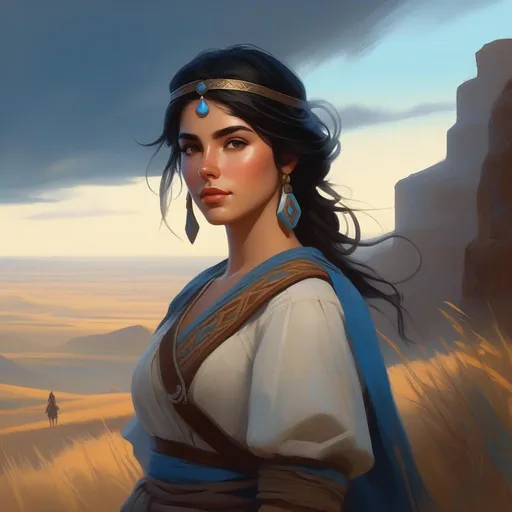 Prompt: Third person, gameplay, ancient Hunnish girl, pale skin, black hair, brown eyes, steppe, fog, blue atmosphere, cartoony style, extremely detailed painting by Greg Rutkowski and by Henry Justice Ford and by Steve Henderson 