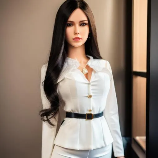 Prompt: Human-sized doll, porcelain, beautiful, waist-length hair, dark-haired, business suit, hyperrealistic, super detailed, 8k, high quality, sharp focus, intricate details, natural light, photo, highly detailed