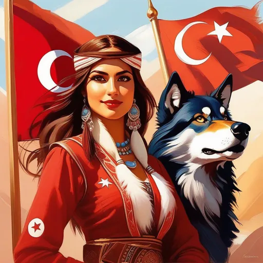 Prompt: Turkish wolfgirls, Turkish flag, cartoony style, extremely detailed painting by Greg Rutkowski and by Henry Justice Ford and by Steve Henderson 