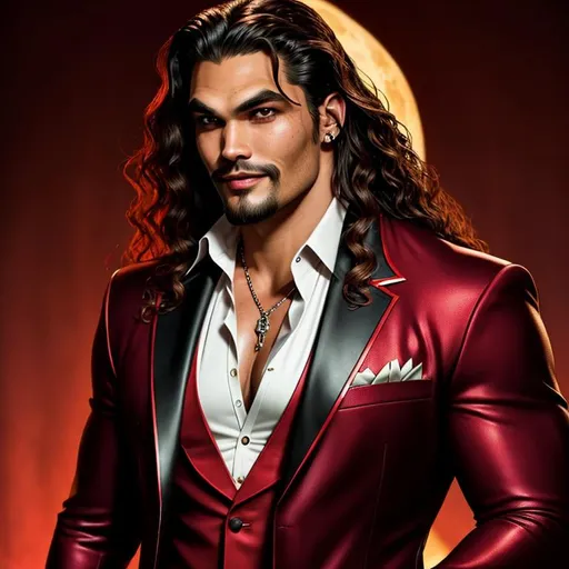 Prompt: Male Brujah vampire, Clan Brujah, vampire the masquerade, he looks like Jason Momoa, solo portrait, 1950s sitcom husband, bloodthirsty grin like Alucard from Hellsing, wearing a 1950's business suit, detailed symmetrical face, hetero-chromatic eyes red and brown, detailed eyes, detailed symmetrical face, full body portrait, well lit by street lights,  he is looking down at the viewer, real skin textures, detailed, big eyes, night time style background