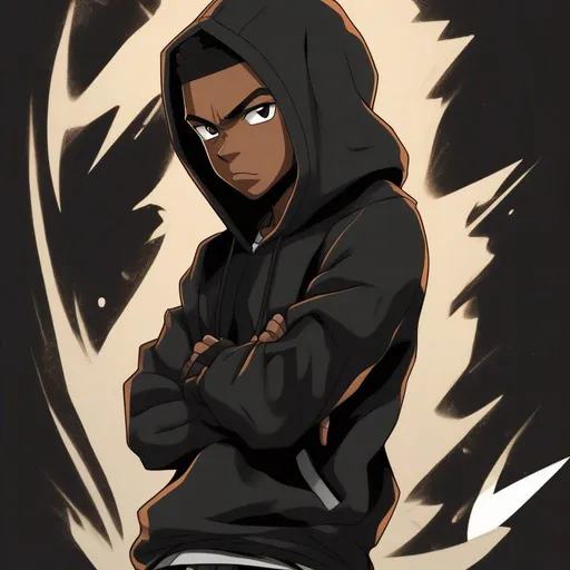 Prompt: Anime Style, African American young teenage male, wearing black hoodie, with black jeans, pitch black dbz aura.