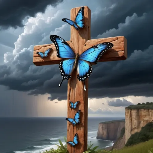 Prompt: Beautiful butterfly's on wooden cross,beautiful stormy sky,realistic,overlooking large cliff,smooth edges