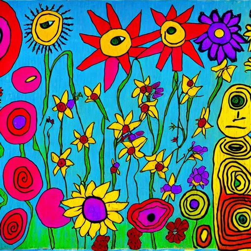Prompt: flowers, eyes, Nostalgie d’une beauté, in the style of daniel johnston and outsider art