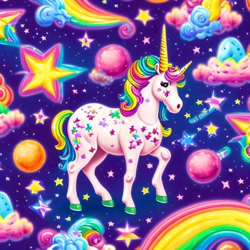 Prompt: lisa frank unicorns shooting star , outer space candy land 4k hd proportionate 