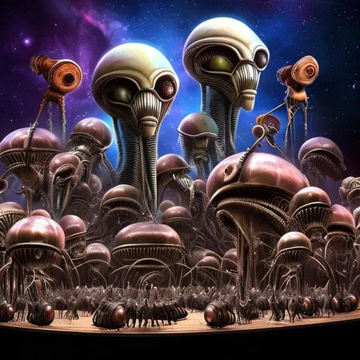 Prompt: A grand orchestra of alien musicians playing extraordinary instruments from distant galaxies